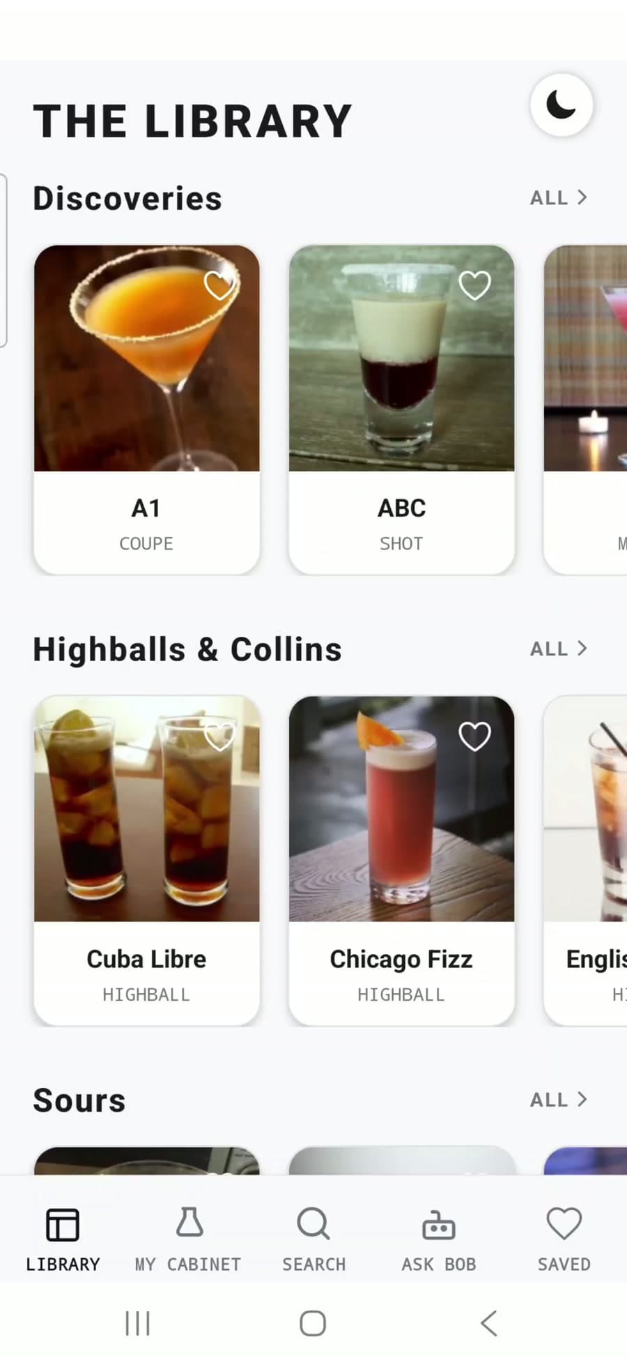The library, with cocktails grouped into families and scrolled sideways.