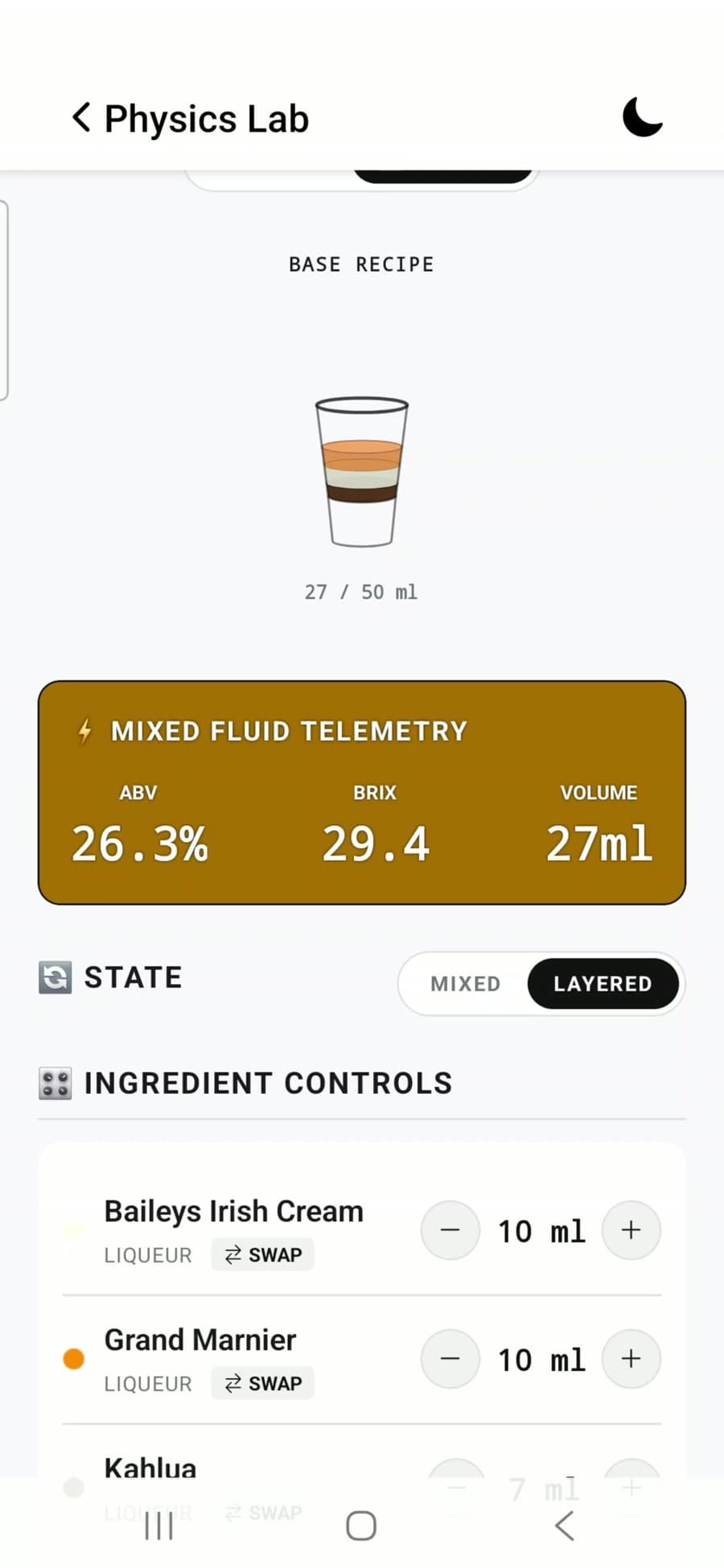 A layered shot redrawn from the recipe, with ABV, Brix, and volume beside the glass.